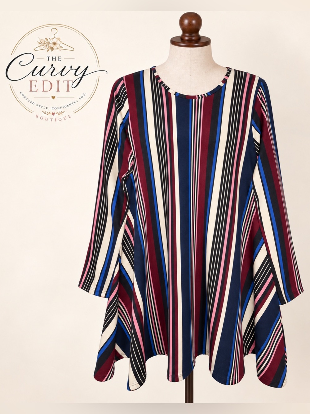 Discreet Striped Swing Tunic Long Sleeve Scoop Neck Flowy XL Cozy